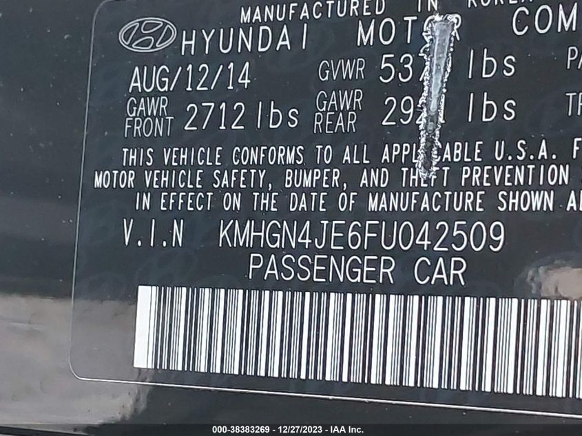 2015 HYUNDAI GENESIS 3.8L - KMHGN4JE6FU042509