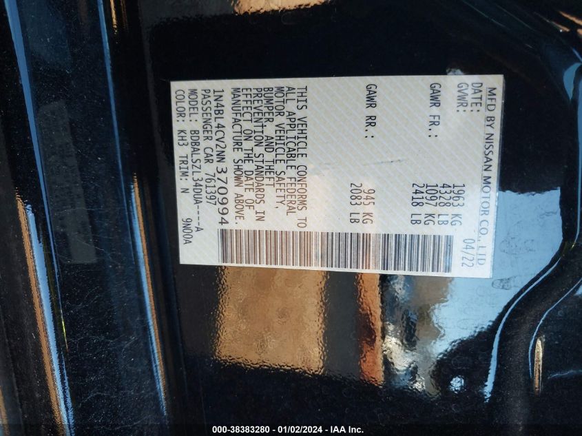 2022 NISSAN ALTIMA SR - 01N4BL4CV2NN37099