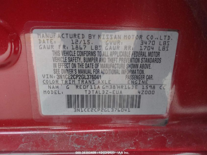 2016 NISSAN VERSA NOTE S/S PLUS/SV/SL/SR - 3N1CE2CP2GL376041