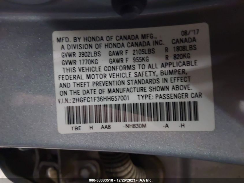 2017 HONDA CIVIC EX - 2HGFC1F36HH657001