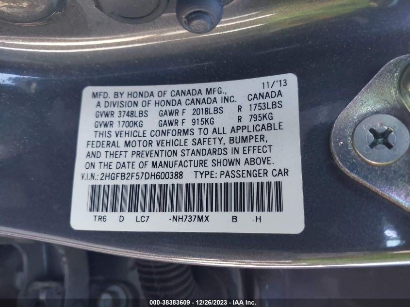 2013 HONDA CIVIC LX - 2HGFB2F57DH600388