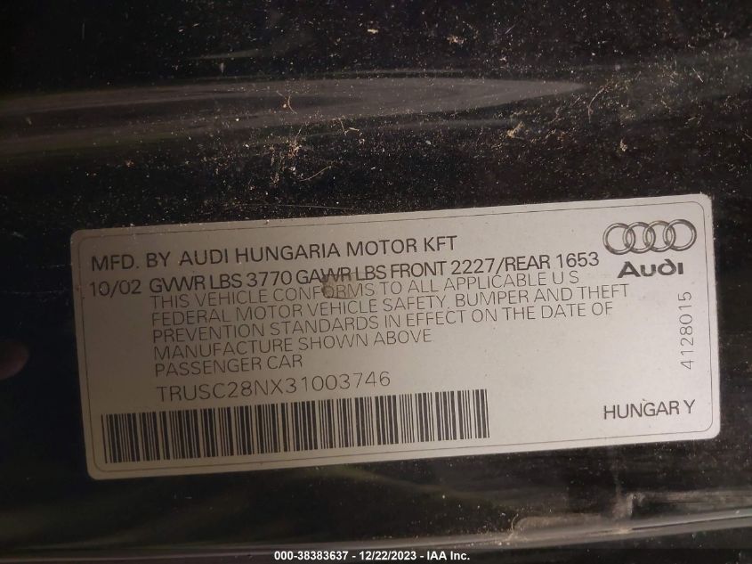 TRUSC28NX31003746 | 2003 AUDI TT