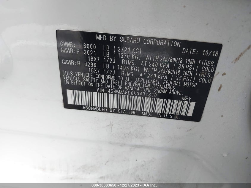 VIN 4S4WMAFD6K3434810 2019 SUBARU ASCENT PREMIUM