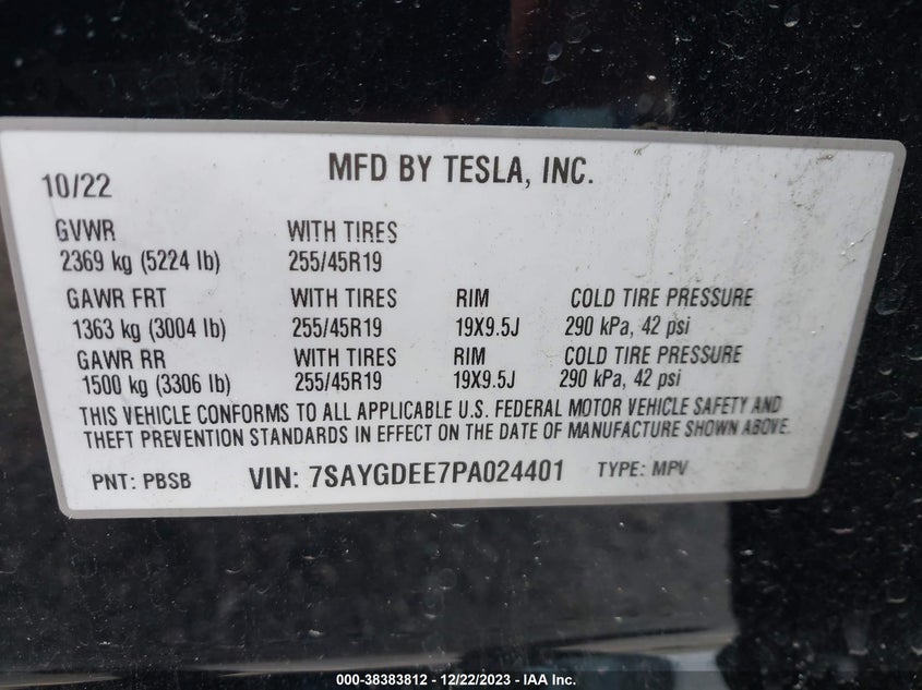 VIN 7SAYGDEE7PA024401 2023 TESLA MODEL Y