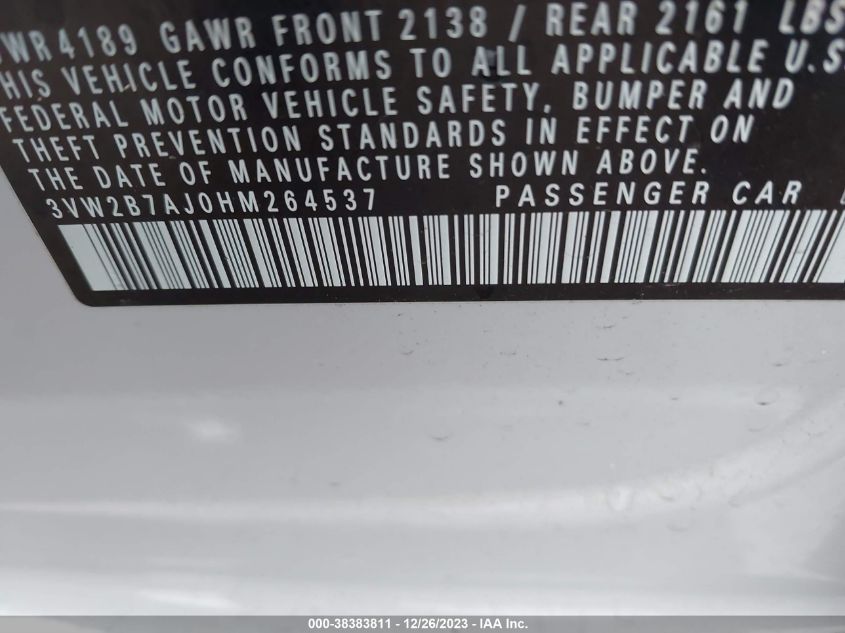 2017 VOLKSWAGEN JETTA S - 3VW2B7AJ0HM264537