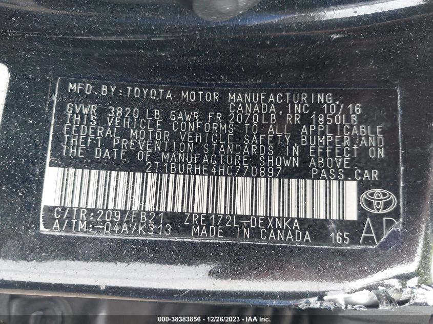 2017 TOYOTA COROLLA L/LE/XLE/SE/XSE - 2T1BURHE4H3770897