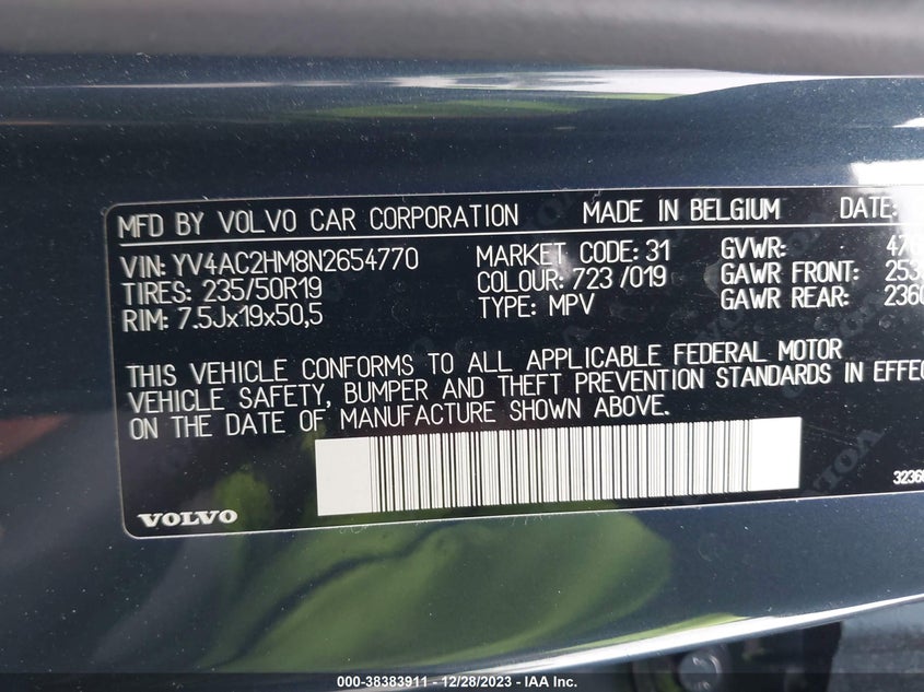 VIN YV4AC2HM8N2654770 2022 VOLVO XC40 T4 R-DESIGN