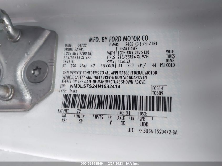 2022 FORD TRANSIT CONNECT XL - NM0LS7S24N1532414