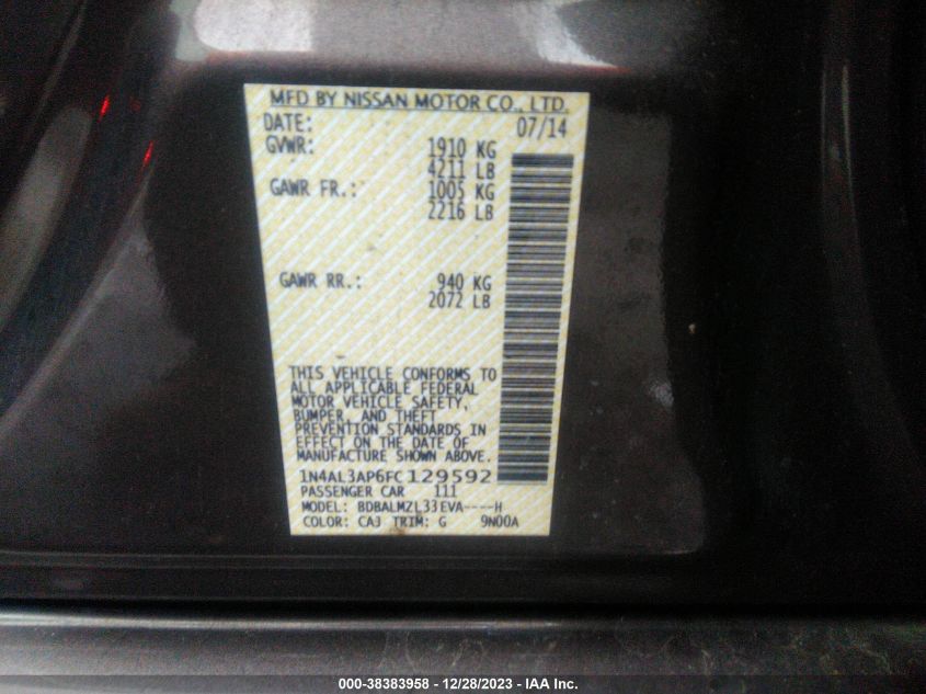 2015 NISSAN ALTIMA 2.5/S/SV/SL - 1N4AL3AP6FC129592