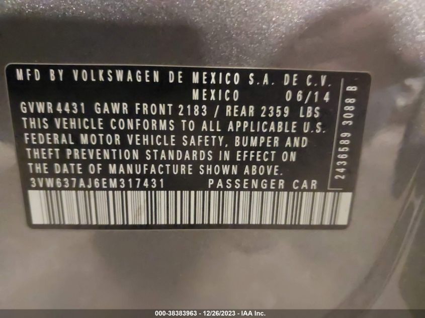 2014 VOLKSWAGEN JETTA HYBRID HYBRID - 3VW637AJ6EM317431