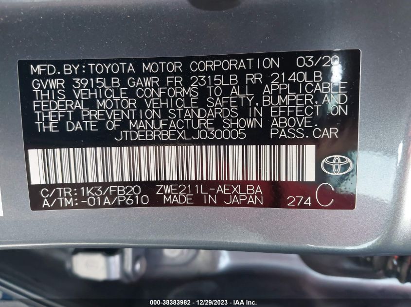 2020 TOYOTA COROLLA HYBRID LE - JTDEBRBEXLJ030005