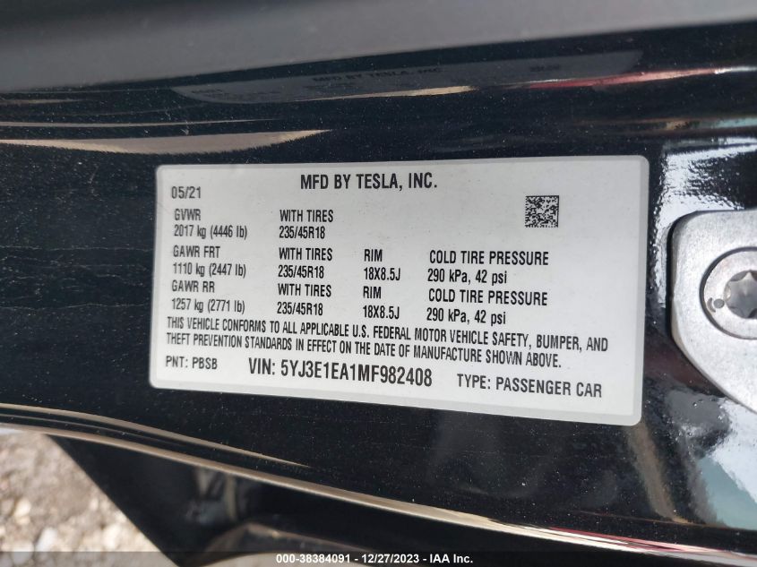2021 TESLA MODEL 3 STANDARD RANGE PLUS REAR-WHEEL DRIVE - 5YJ3E1EA1MF982408