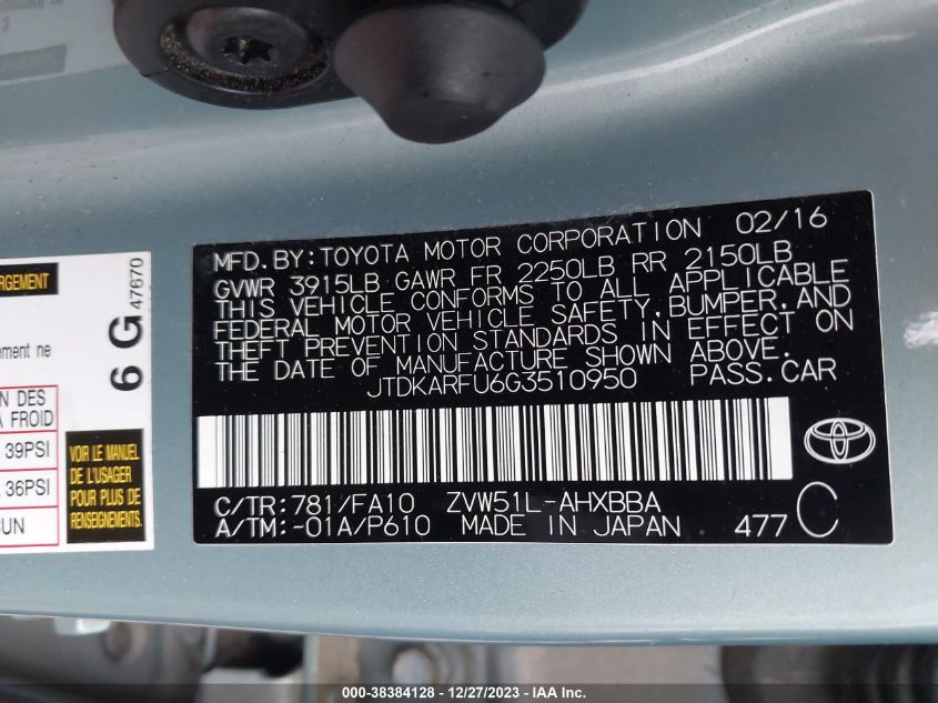 2016 TOYOTA PRIUS - JTDKARFU6G3510950