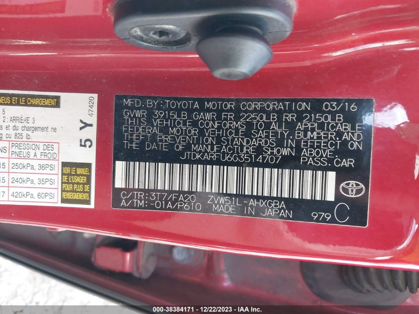 2016 TOYOTA PRIUS THREE - JTDKARFU6G3514707