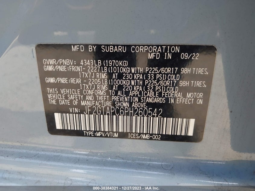 VIN JF2GTAPC6PH260542 2023 SUBARU CROSSTREK PREMIUM