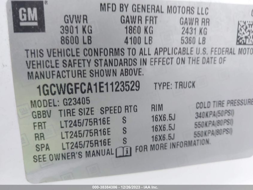 2014 CHEVROLET EXPRESS 2500 WORK VAN 1GCWGFCA1E1123529