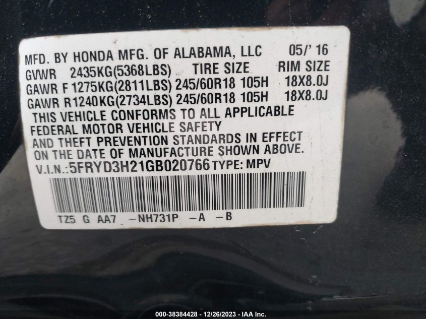 2016 ACURA MDX - 5FRYD3H21GB020766