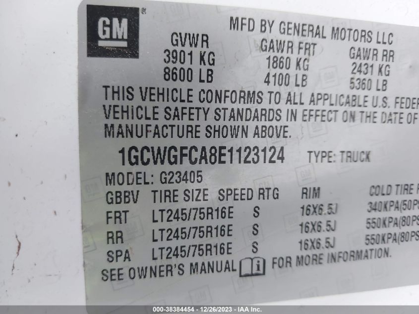 2014 CHEVROLET EXPRESS 2500 WORK VAN 1GCWGFCA8E1123124