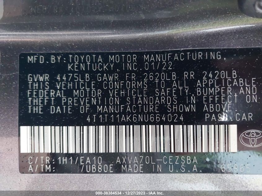 2022 TOYOTA CAMRY SE/NIGHT SHADE - 4T1T11AK6NU664024