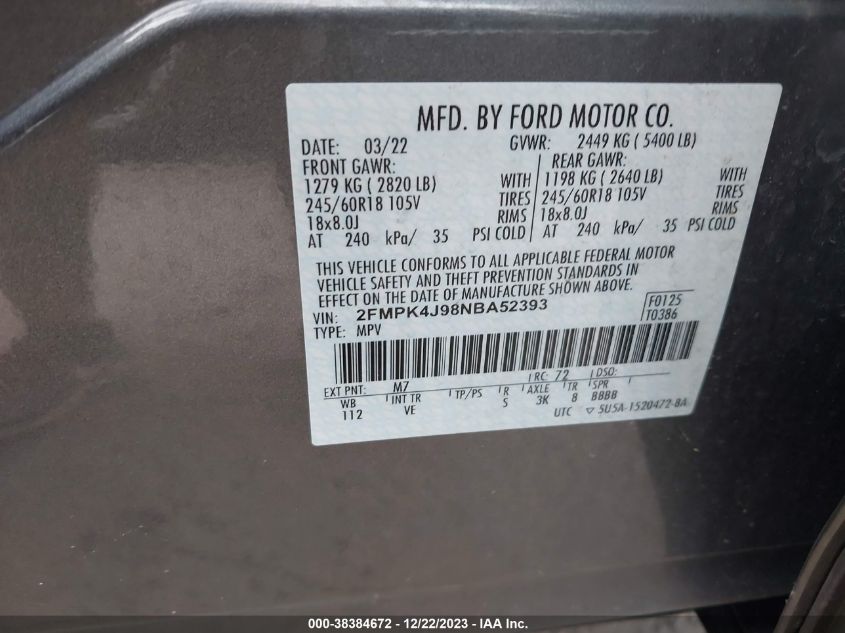 2FMPK4J98NBA52393 2022 FORD EDGE, photo no. 9