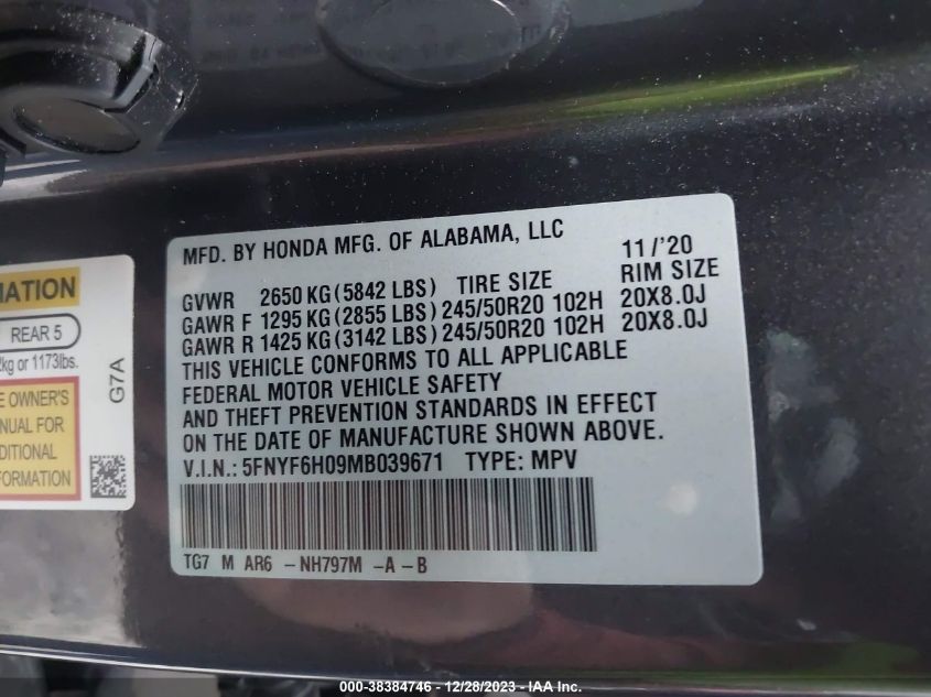 2021 HONDA PILOT ELITE - 5FNYF6H09MB039671