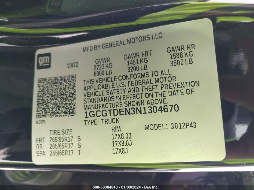 2022 CHEVROLET COLORADO - 1GCGTDEN3N1304670