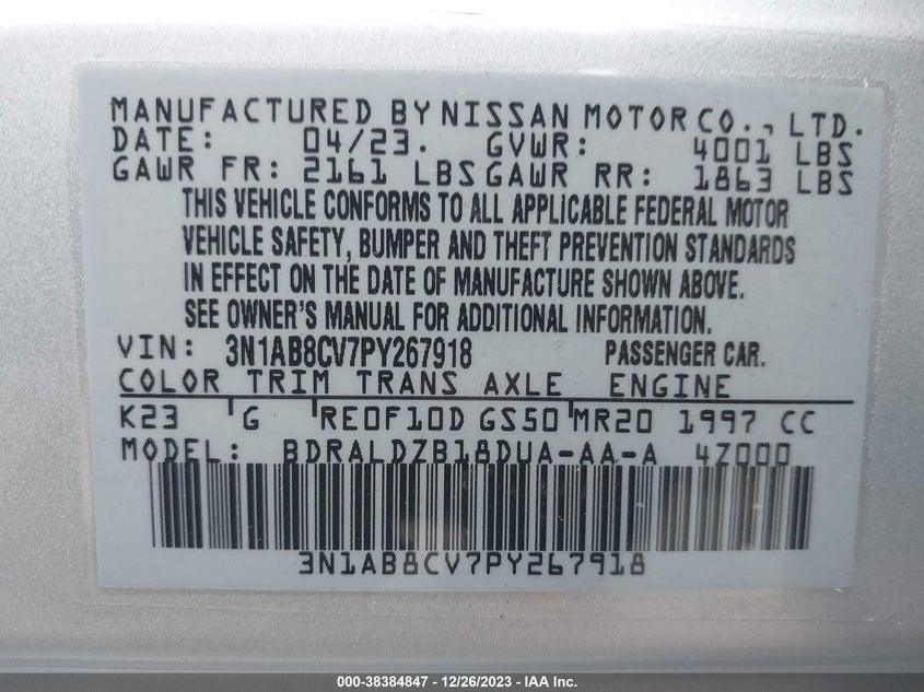 VIN 3N1AB8CV7PY267918 2023 NISSAN SENTRA SV