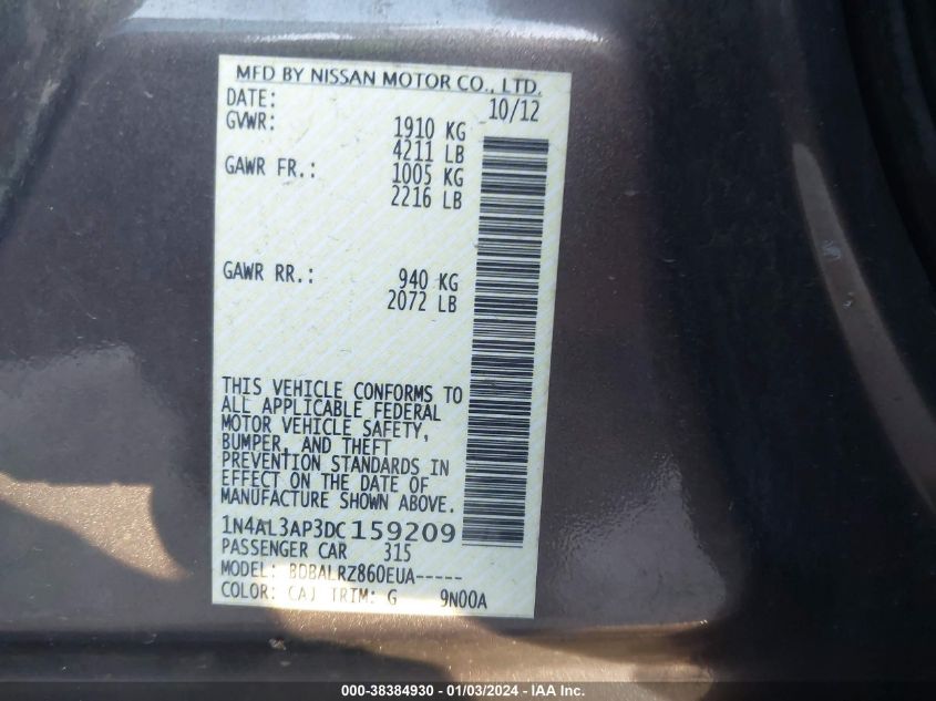 2013 NISSAN ALTIMA 2.5 S - 1N4AL3AP3DC159209