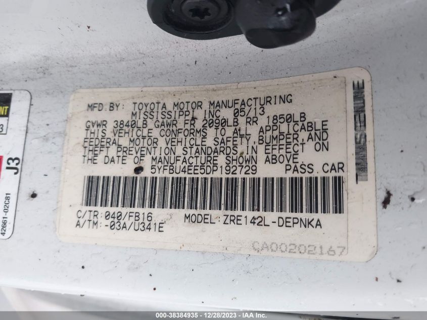 2013 TOYOTA COROLLA S/LE - 5YFBU4EE5DP192729