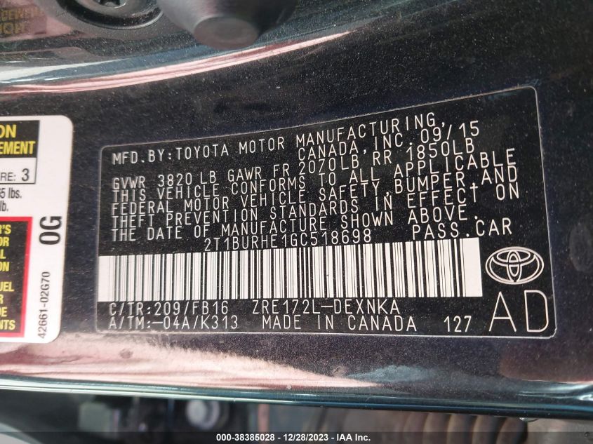 2016 TOYOTA COROLLA LE - 2T1BURHE1GC518698