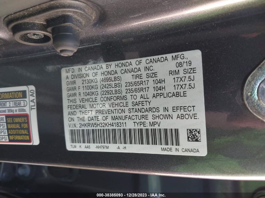 2019 HONDA CR-V LX - 2HKRW5H32KH418311
