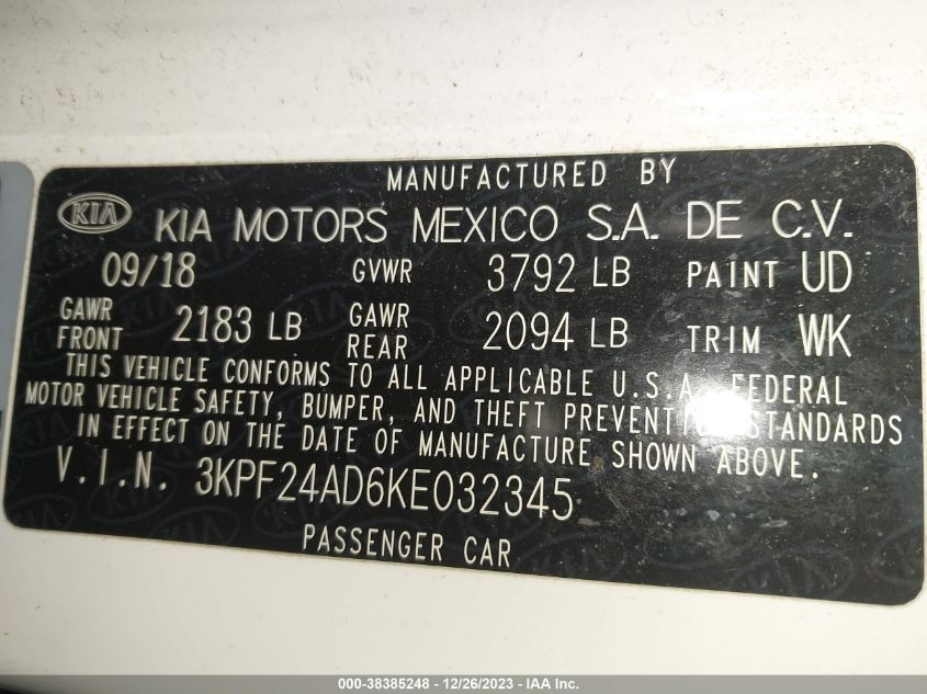 2019 KIA FORTE FE/LX/LXS - 3KPF24AD6KE032345