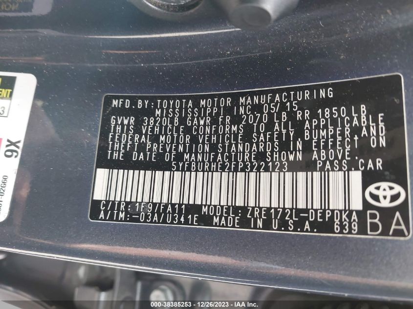 2015 TOYOTA COROLLA L - 5YFBURHE2FP322123
