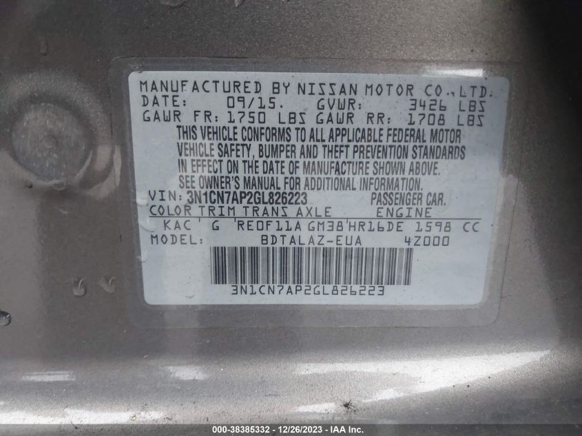 2016 NISSAN VERSA 1.6 S+ - 3N1CN7AP2GL826223