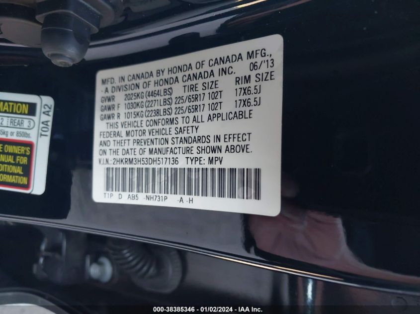 2013 HONDA CR-V EX - 2HKRM3H53DH517136