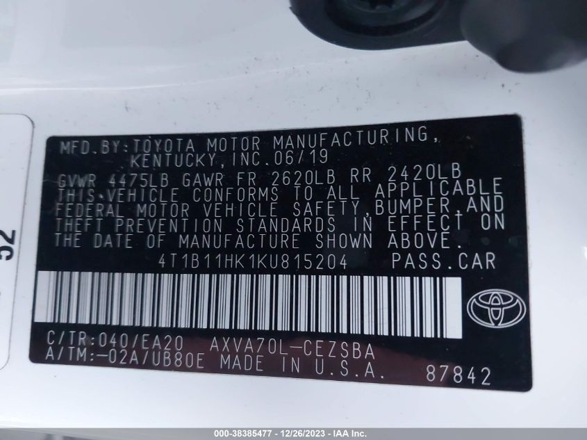 2019 TOYOTA CAMRY SE - 4T1B11HK1KU815204