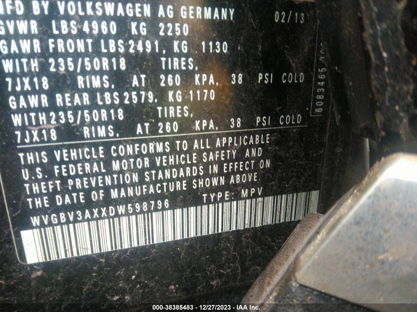 2013 VOLKSWAGEN TIGUAN S/SE/SEL - WVGBV3AXXDW598796