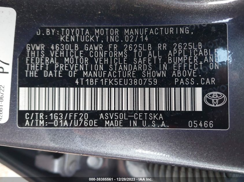 2014 TOYOTA CAMRY SE - 4T1BF1FK5EU380759