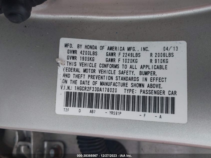 2013 HONDA ACCORD LX - 1HGCR2F33DA178020