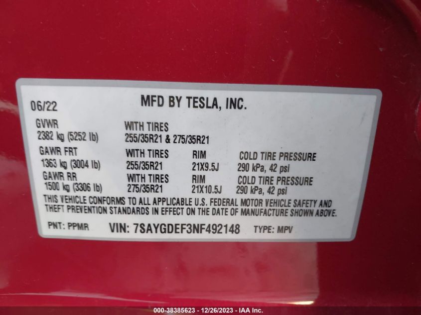 2022 TESLA MODEL Y - 7SAYGDEF3NF492148