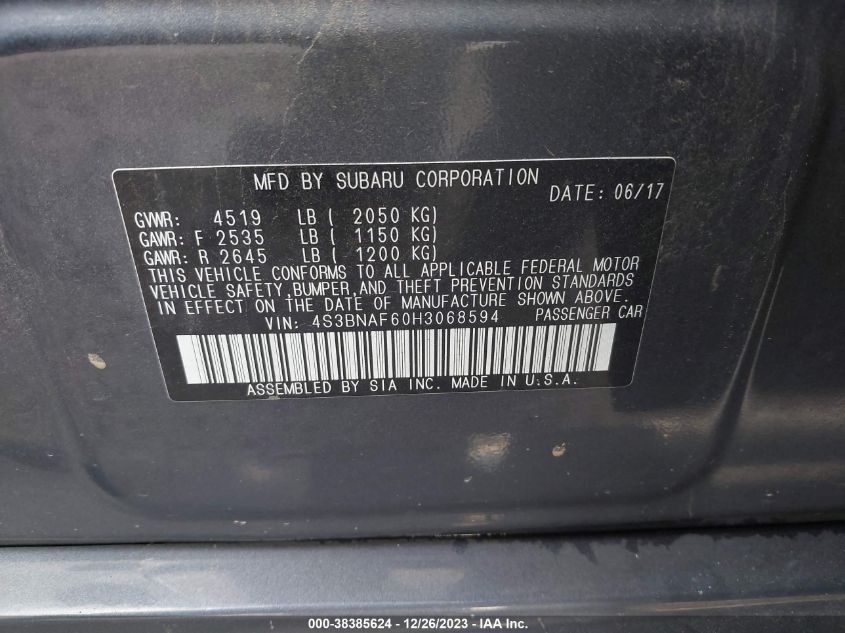 2017 SUBARU LEGACY 2.5I PREMIUM - 4S3BNAF60H3068594