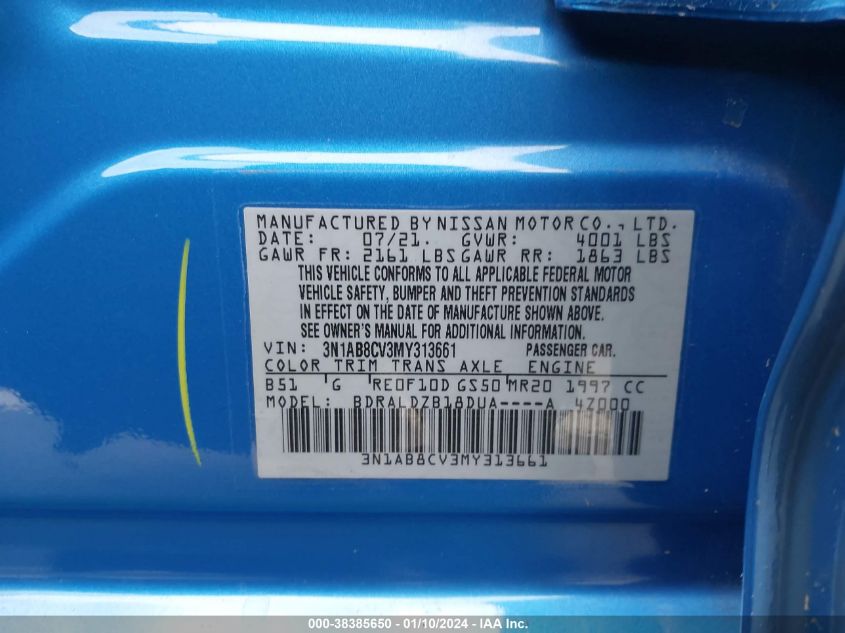 2021 NISSAN SENTRA SV XTRONIC CVT - 3N1AB8CV3MY313661