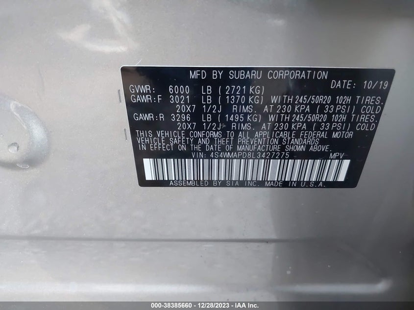 VIN 4S4WMAPD8L3427275 2020 SUBARU ASCENT LIMITED