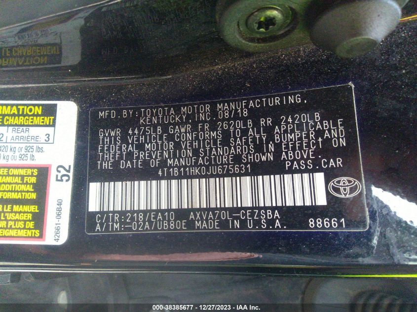 2018 TOYOTA CAMRY L/LE/XLE/SE/XSE - 4T1B11HK0JU675631