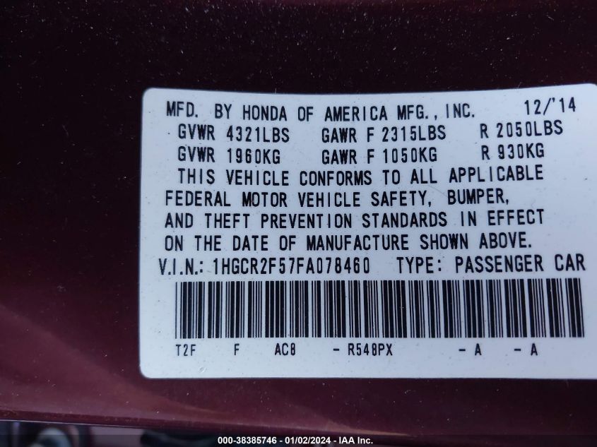 2015 HONDA ACCORD SPORT - 01HGCR2F57FA07846