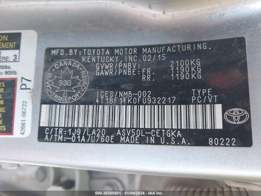 2015 TOYOTA CAMRY XLE - 4T1BF1FK0FU932217