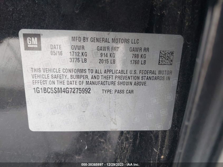 2016 CHEVROLET CRUZE LS AUTO - 1G1BC5SM4G7275992