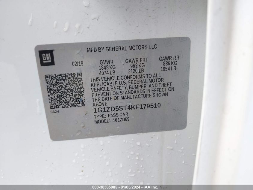 2019 CHEVROLET MALIBU LT - 1G1ZD5ST4KF179510