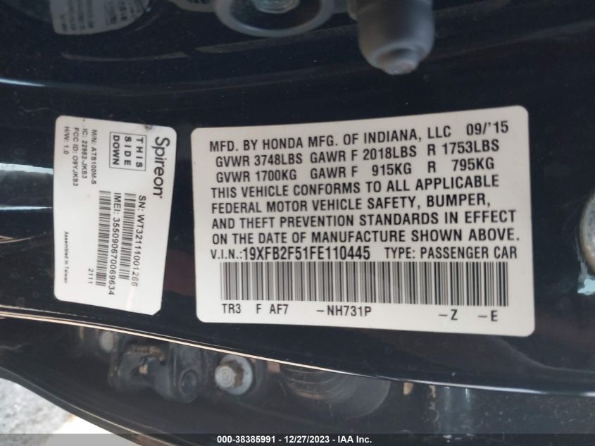 2015 HONDA CIVIC LX - 19XFB2F51FE110445