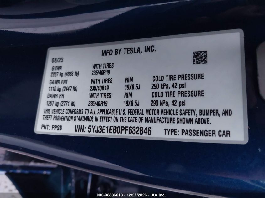 2023 TESLA MODEL 3 - 5YJ3E1EB0PF632846